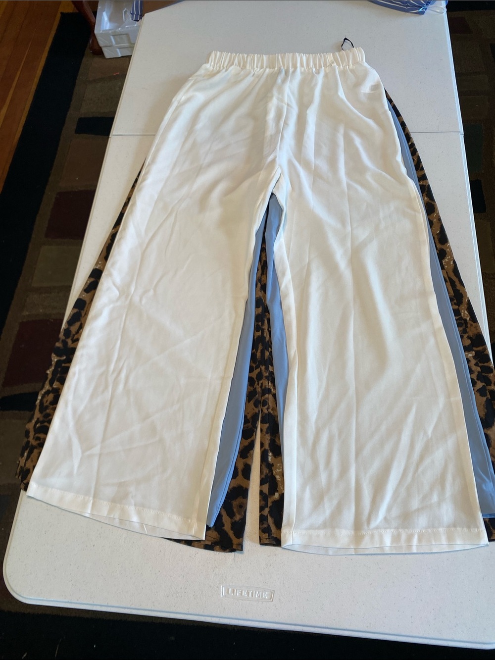Wide Leg Pull-On Pants with Leopard Trim - White
